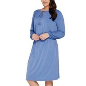 Dress 2/3X Blue Peasant Tassel Tie Keyhole Neck Stretch Waist Long Sleeve Plus